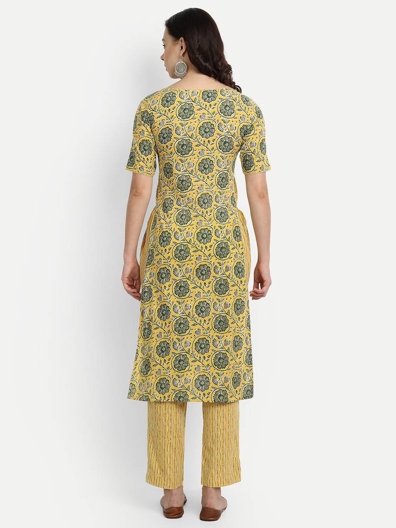 Yellow cotton Printed Kurta set