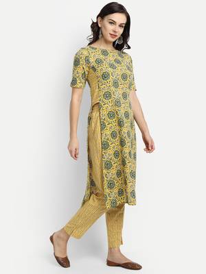 Yellow cotton Printed Kurta set 3