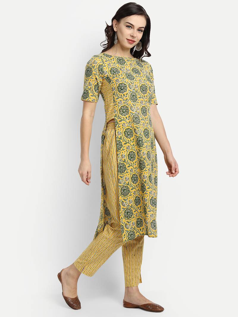 Yellow cotton Printed Kurta set