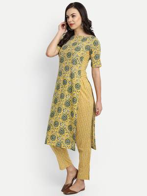 Yellow cotton Printed Kurta set 4
