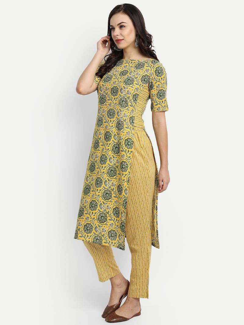 Yellow cotton Printed Kurta set