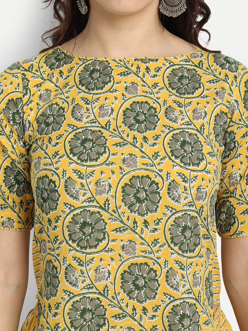 Yellow cotton Printed Kurta set