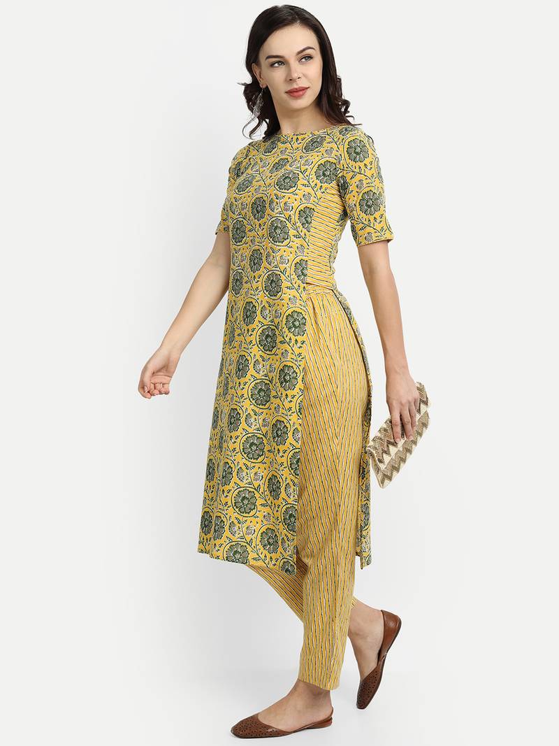 Yellow cotton Printed Kurta set