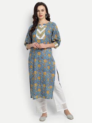 Blue Floral Kurta With Schiffli Embroidered Palazzo Pants 1