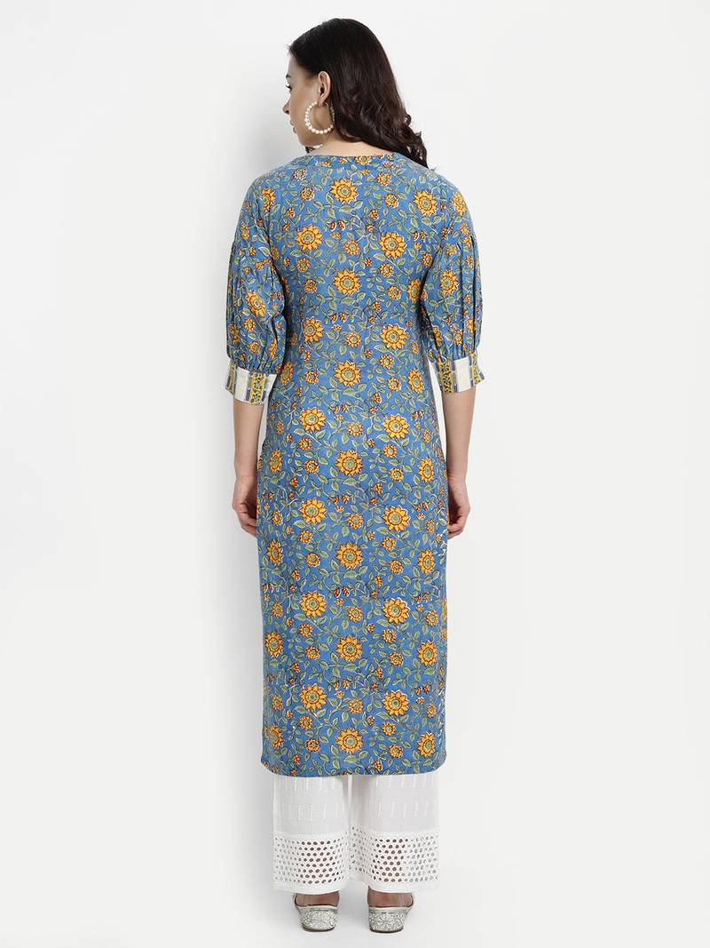 Blue Floral Kurta With Schiffli Embroidered Palazzo Pants