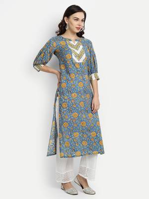 Blue Floral Kurta With Schiffli Embroidered Palazzo Pants 3