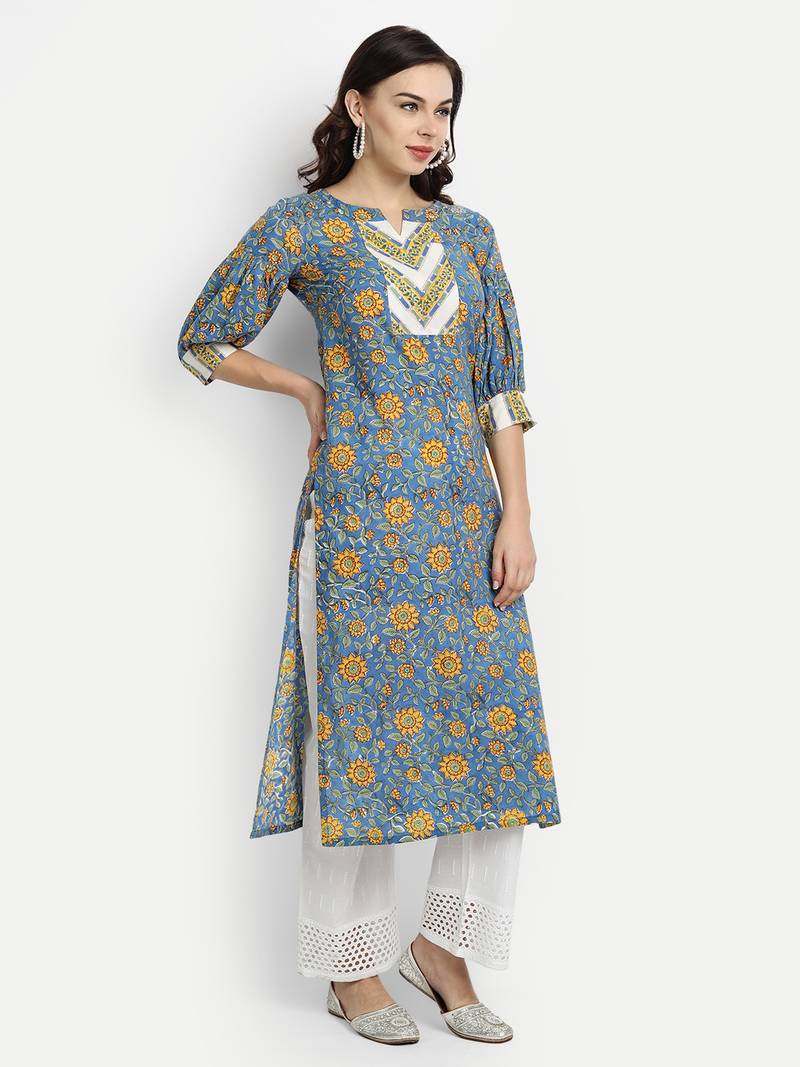 Blue Floral Kurta With Schiffli Embroidered Palazzo Pants