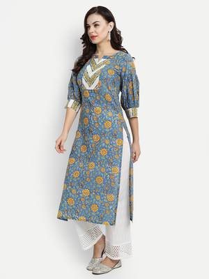 Blue Floral Kurta With Schiffli Embroidered Palazzo Pants 4