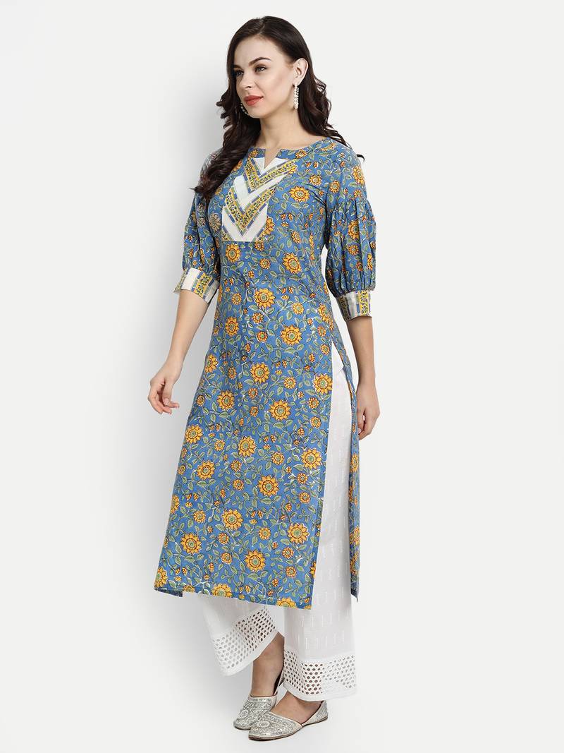 Blue Floral Kurta With Schiffli Embroidered Palazzo Pants