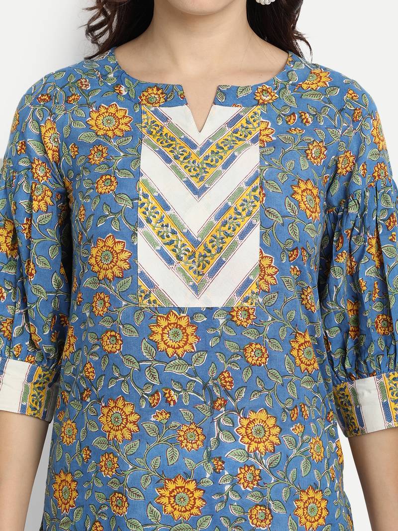 Blue Floral Kurta With Schiffli Embroidered Palazzo Pants