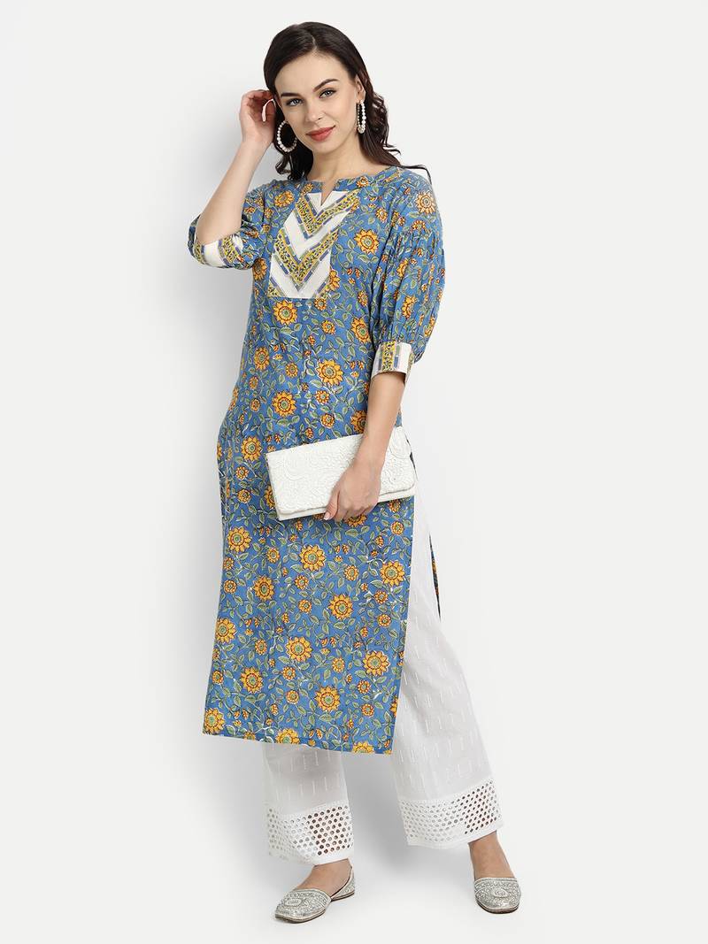 Blue Floral Kurta With Schiffli Embroidered Palazzo Pants