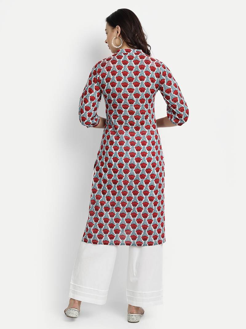 White Printed Kurta With Solid White Palazzo Pants