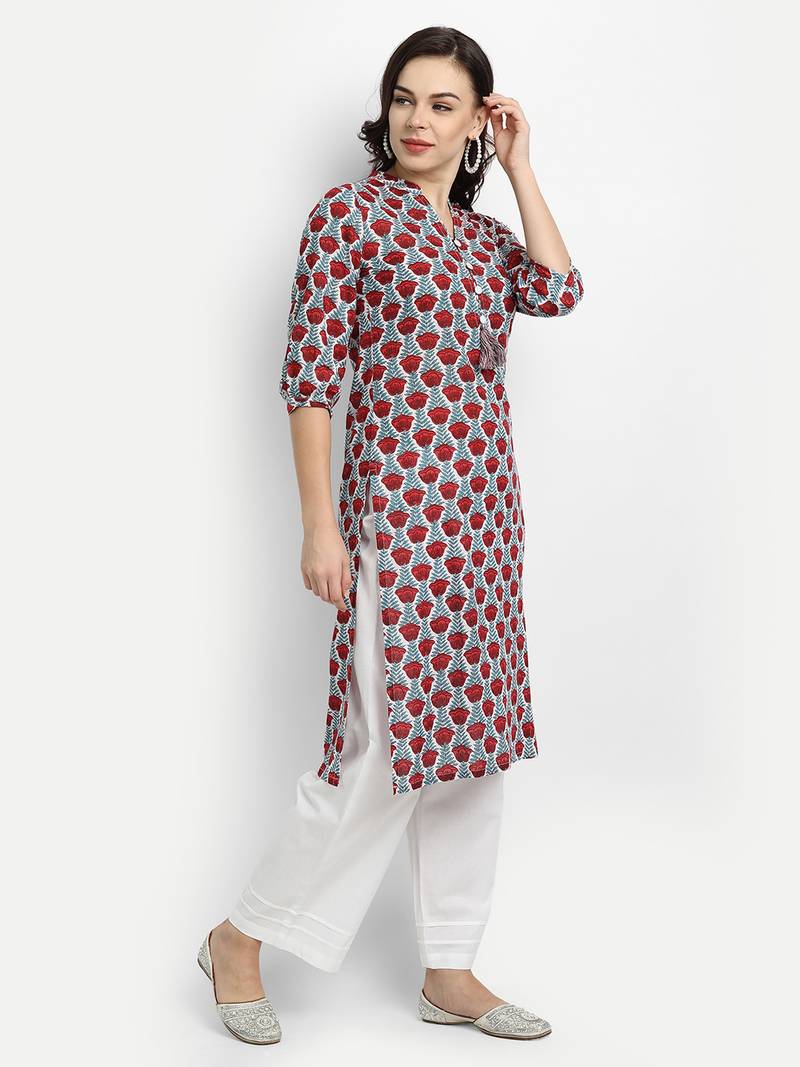 White Printed Kurta With Solid White Palazzo Pants