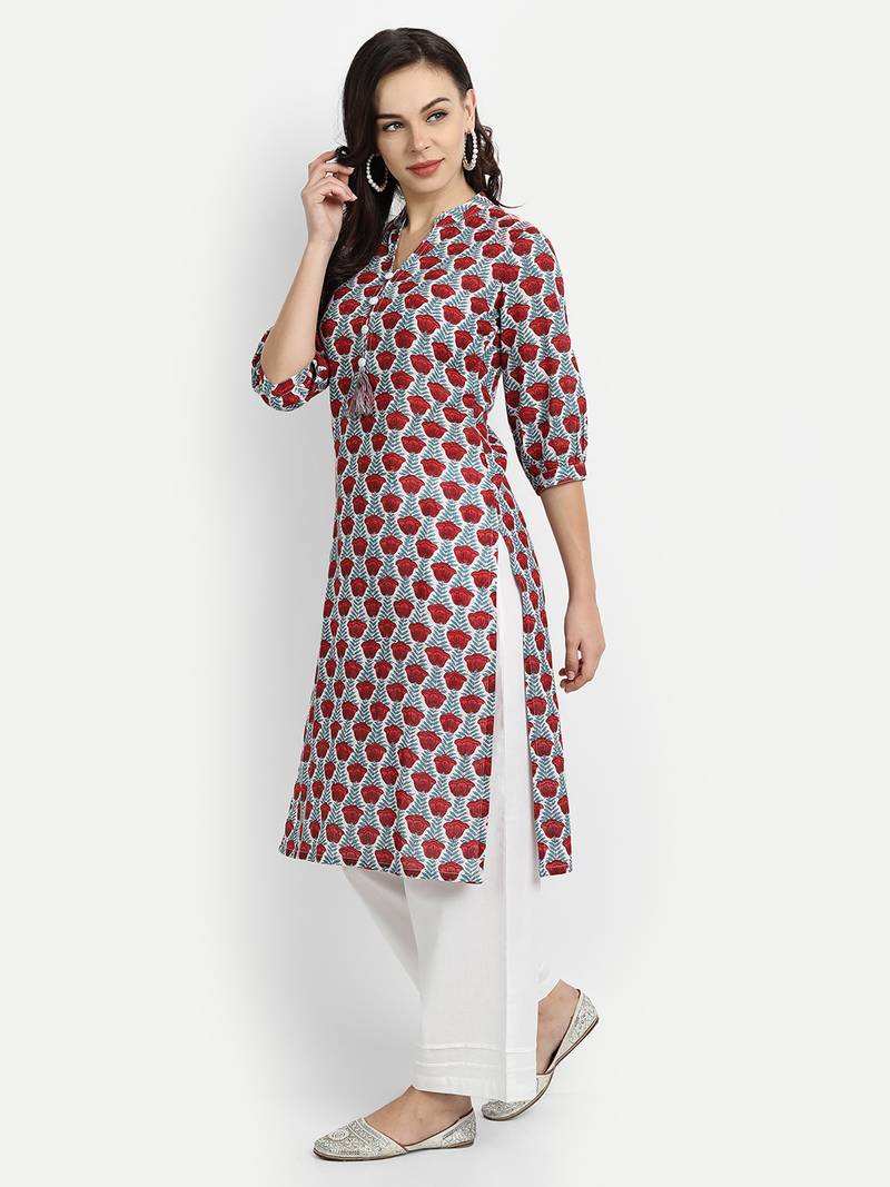 White Printed Kurta With Solid White Palazzo Pants