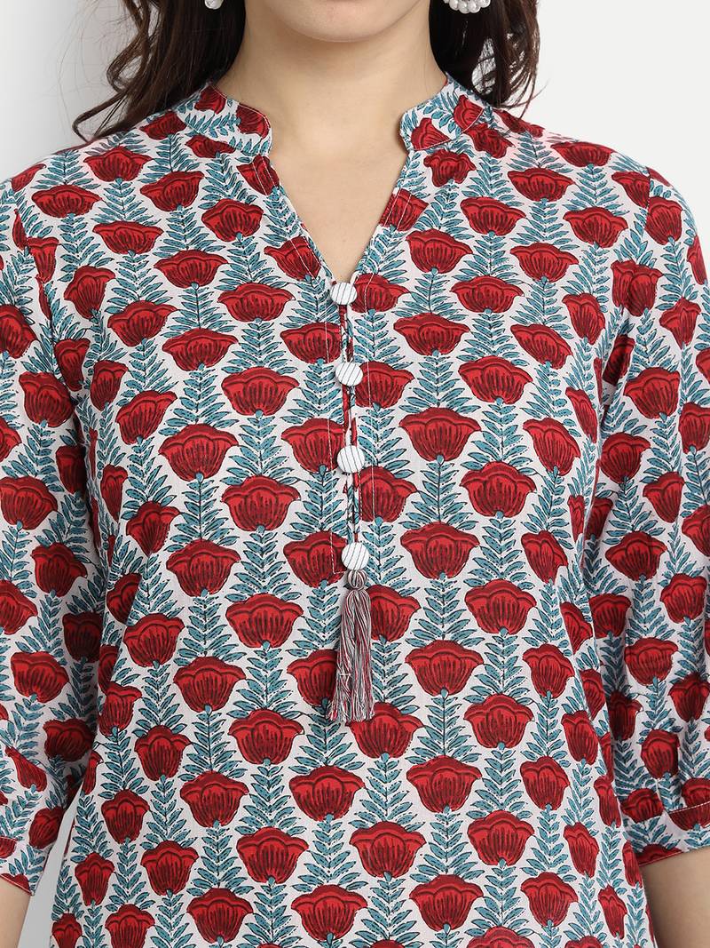 White Printed Kurta With Solid White Palazzo Pants