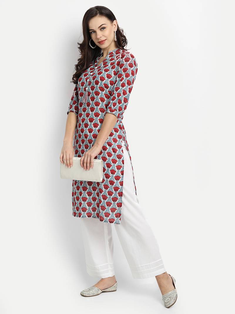 White Printed Kurta With Solid White Palazzo Pants