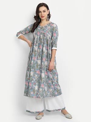 Sage Blue Printed Kurta With White Solid Palazzo 1