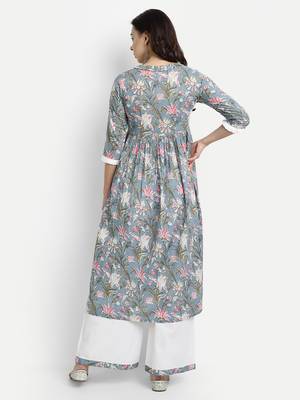 Sage Blue Printed Kurta With White Solid Palazzo 2