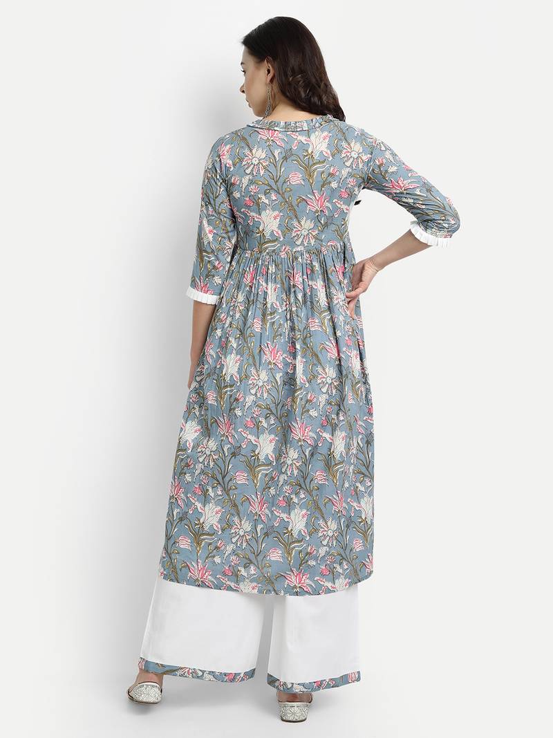 Sage Blue Printed Kurta With White Solid Palazzo