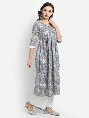 Sage Blue Printed Kurta With White Solid Palazzo 3