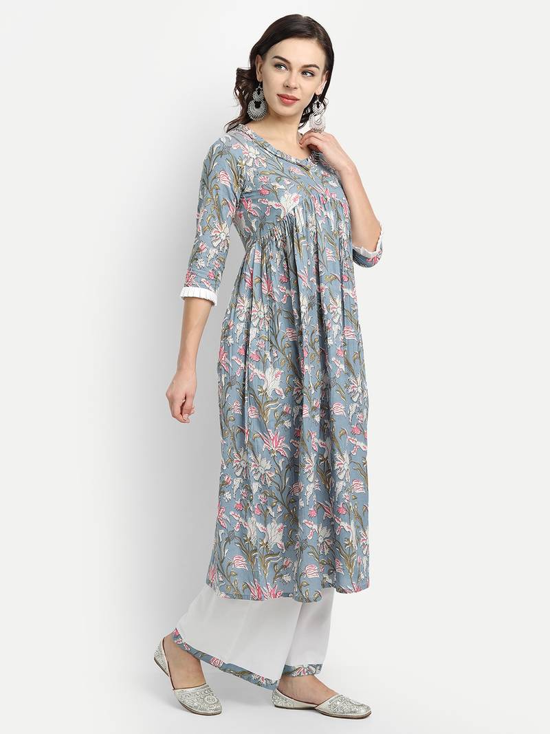 Sage Blue Printed Kurta With White Solid Palazzo