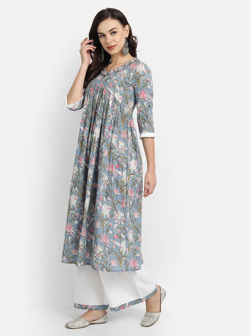 Sage Blue Printed Kurta With White Solid Palazzo