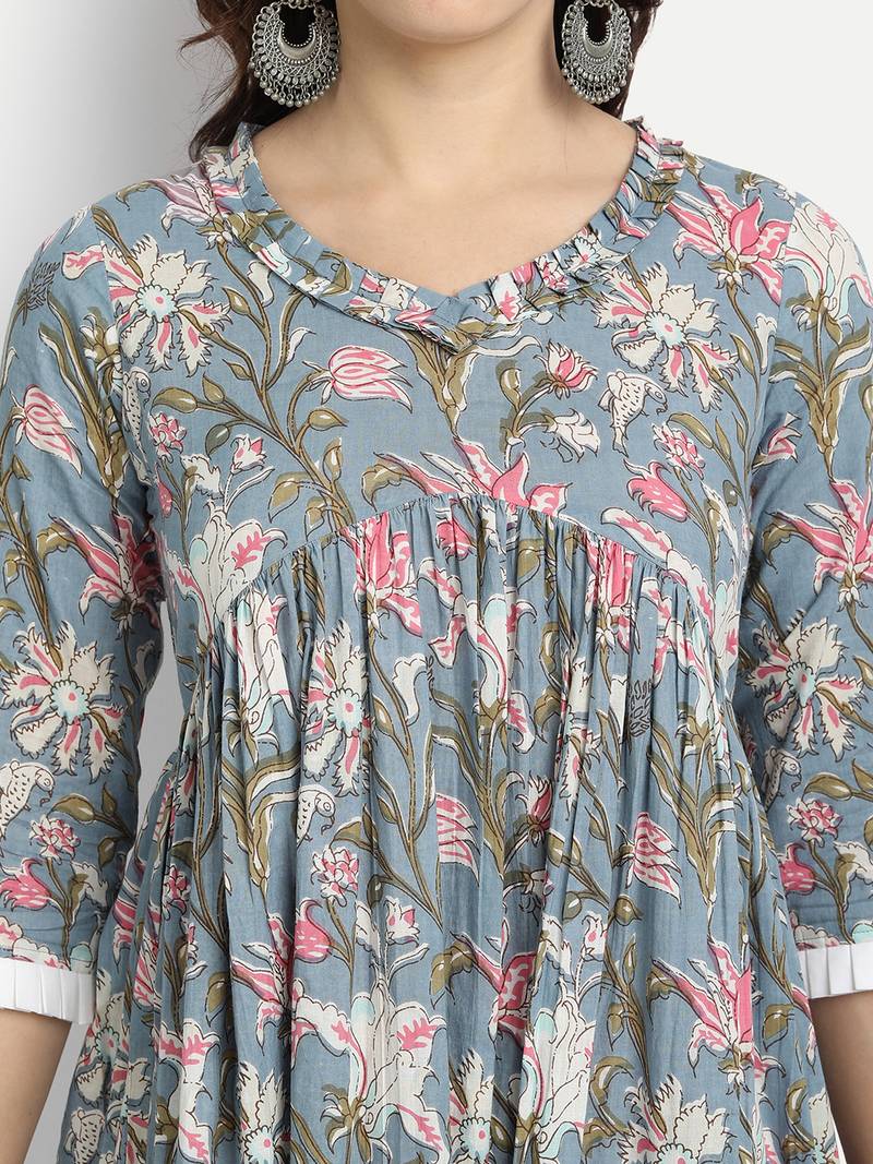 Sage Blue Printed Kurta With White Solid Palazzo