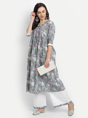 Sage Blue Printed Kurta With White Solid Palazzo 7