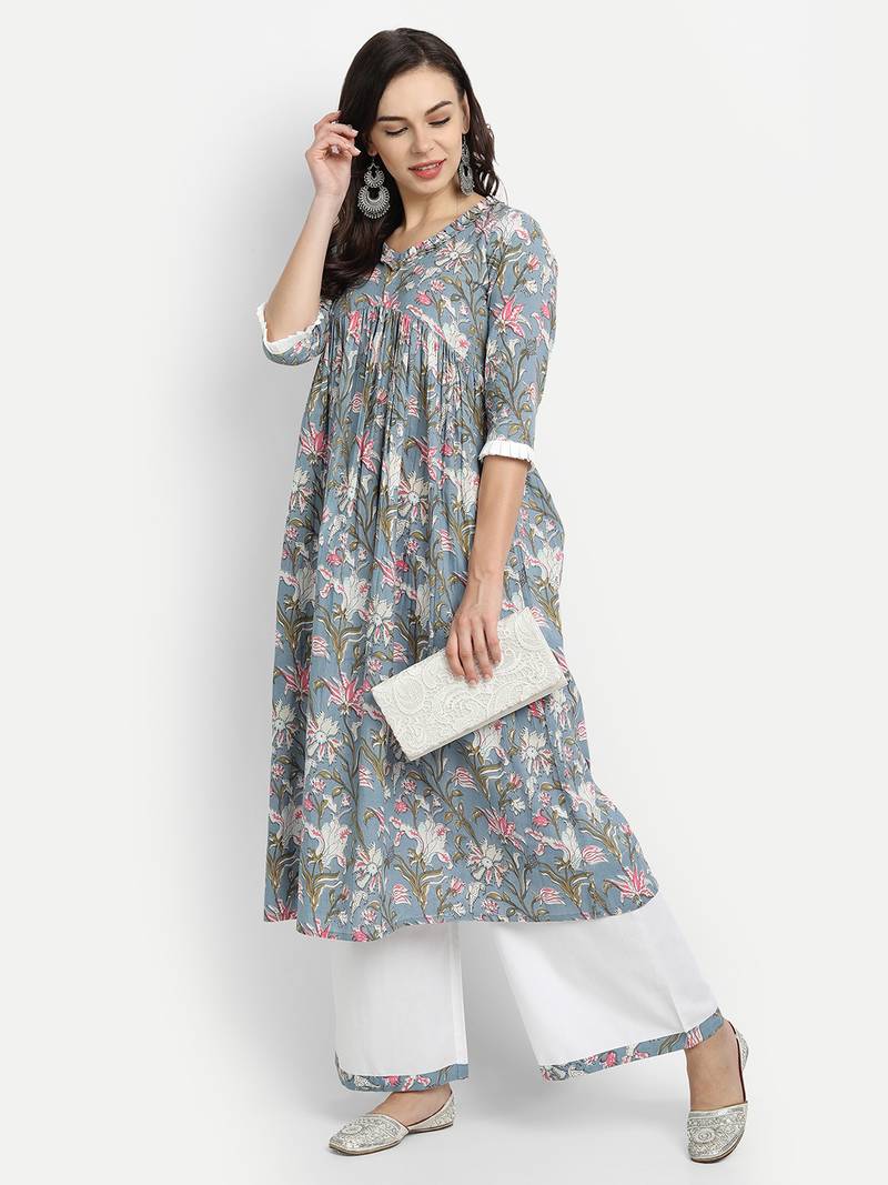 Sage Blue Printed Kurta With White Solid Palazzo