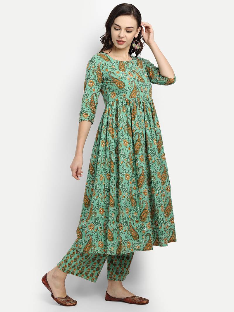 Green Printed Kurta Set