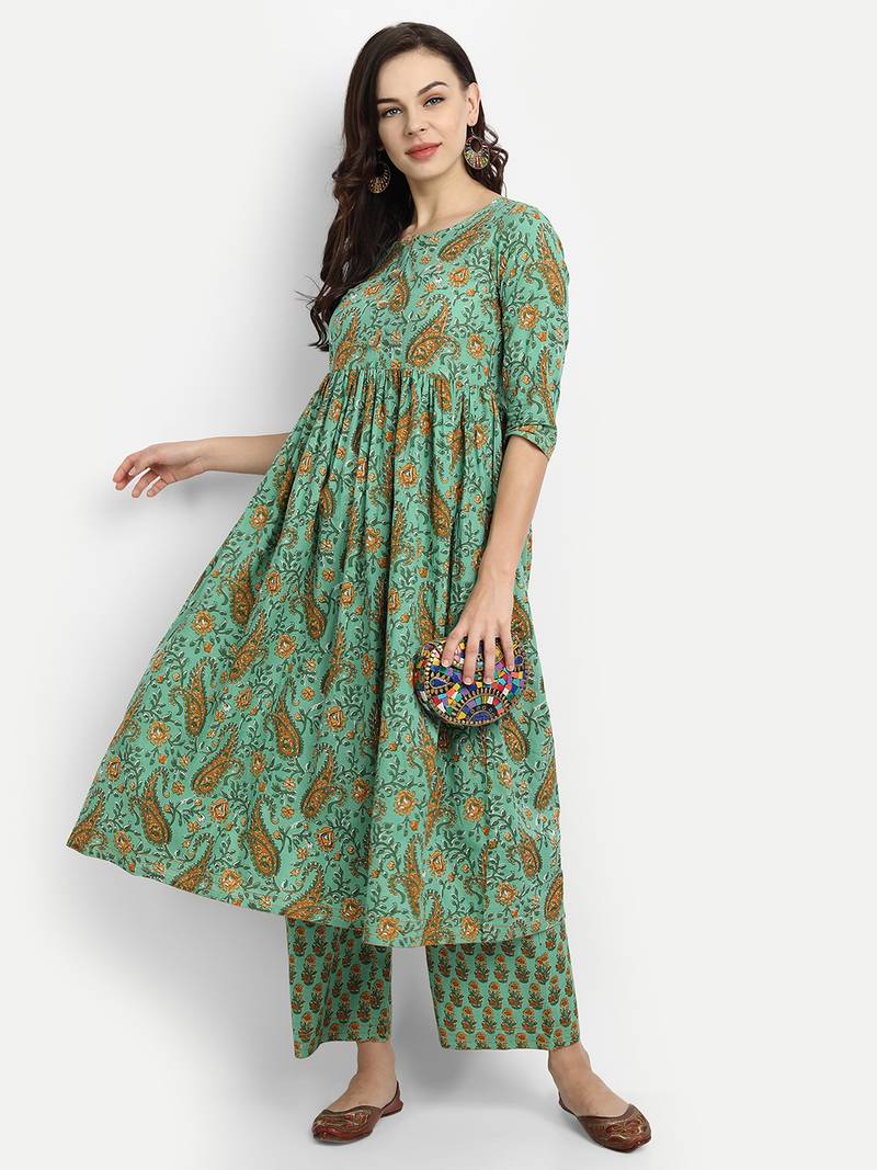 Green Printed Kurta Set