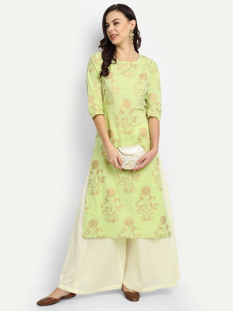 Light Green Kurta With Off White Palazzo