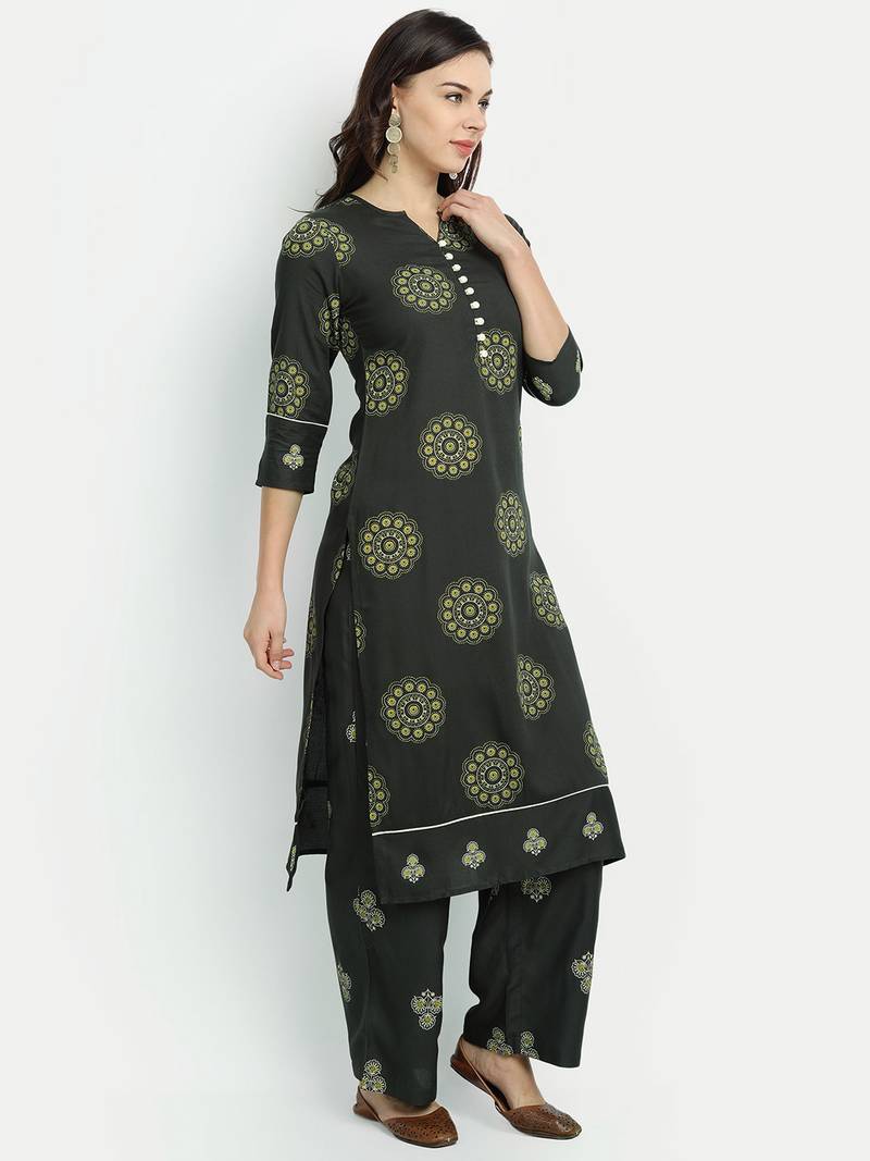Olive Green Printed Kurta Set