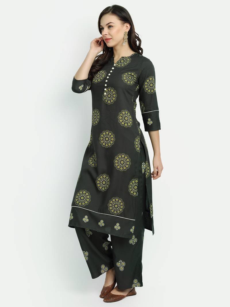 Olive Green Printed Kurta Set