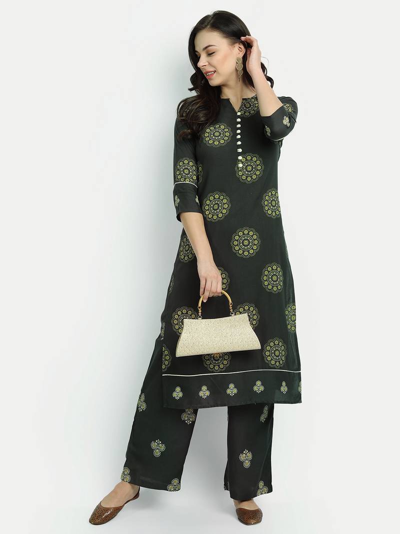 Olive Green Printed Kurta Set