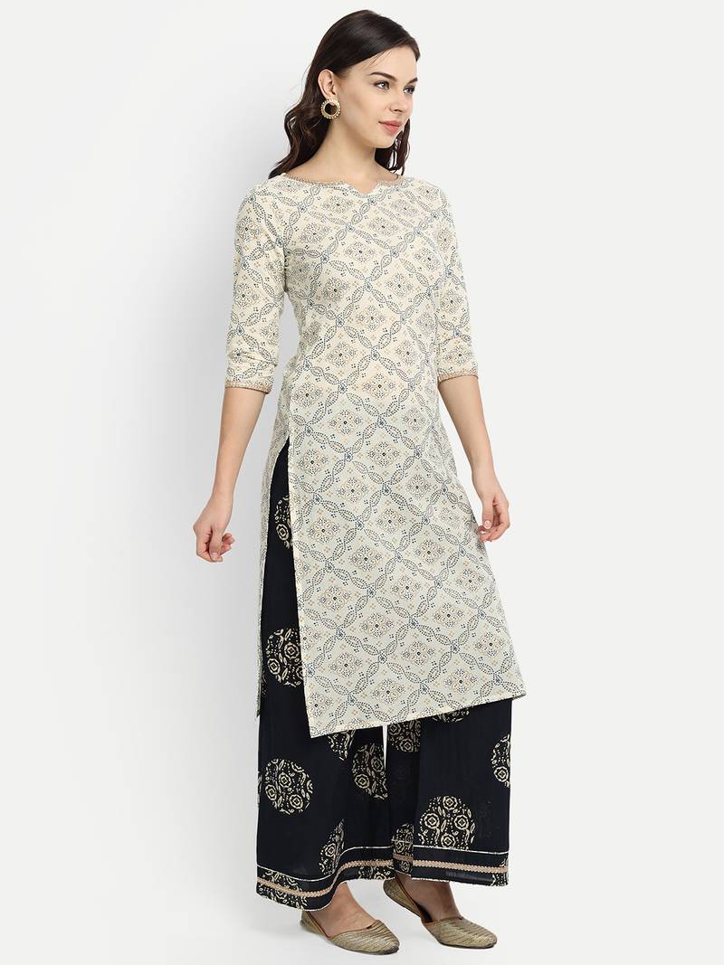 White Bhandej Printed Kurta With Printed Palazzo Pants