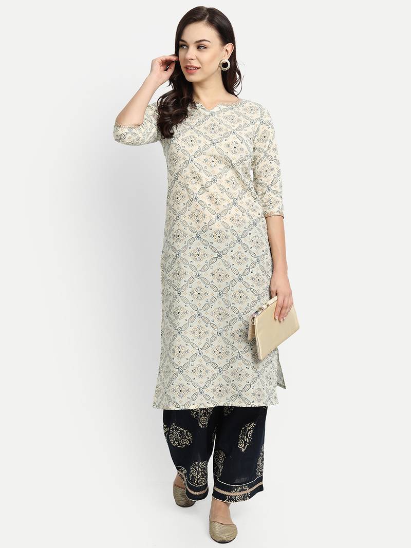 White Bhandej Printed Kurta With Printed Palazzo Pants