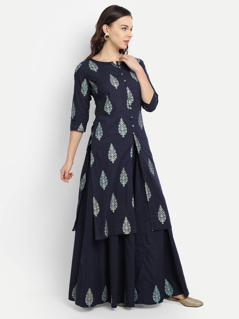 Navy Blue Printed Kurta Set