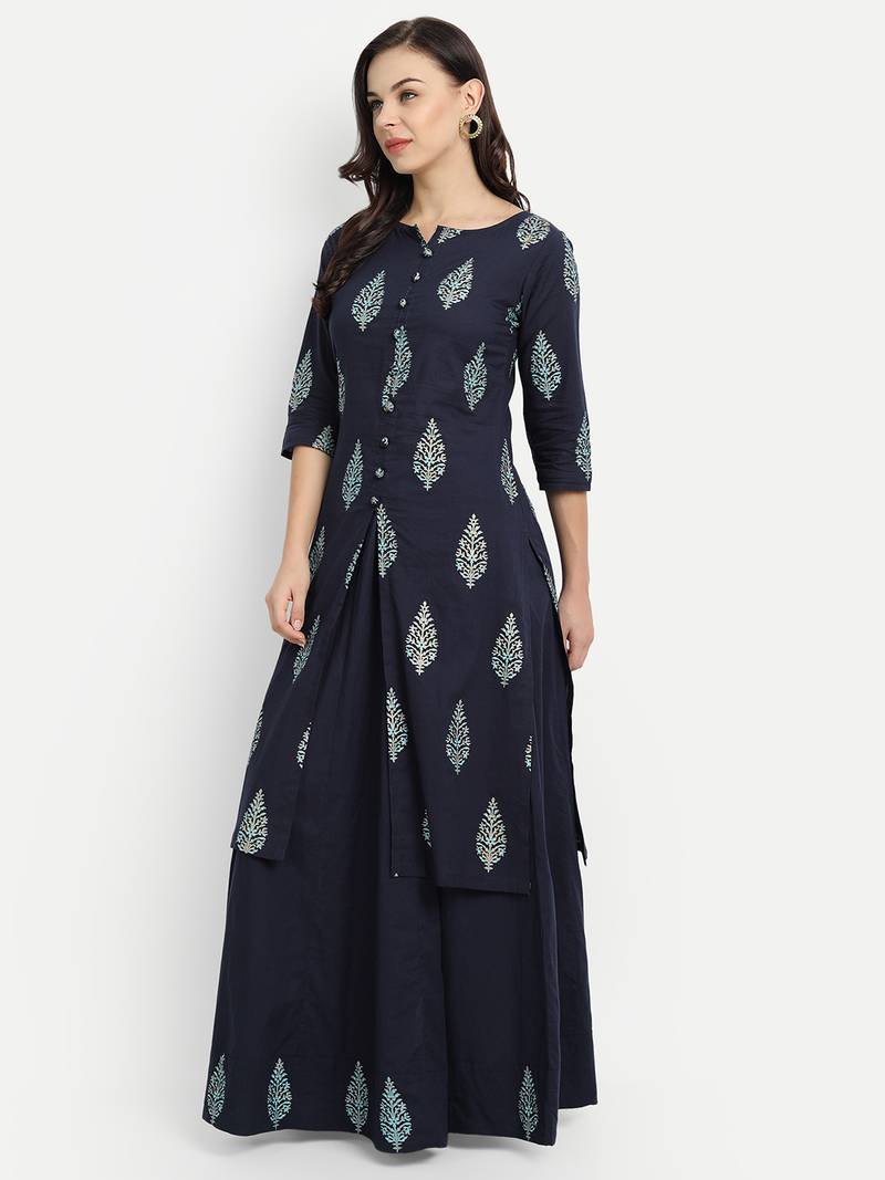 Navy Blue Printed Kurta Set