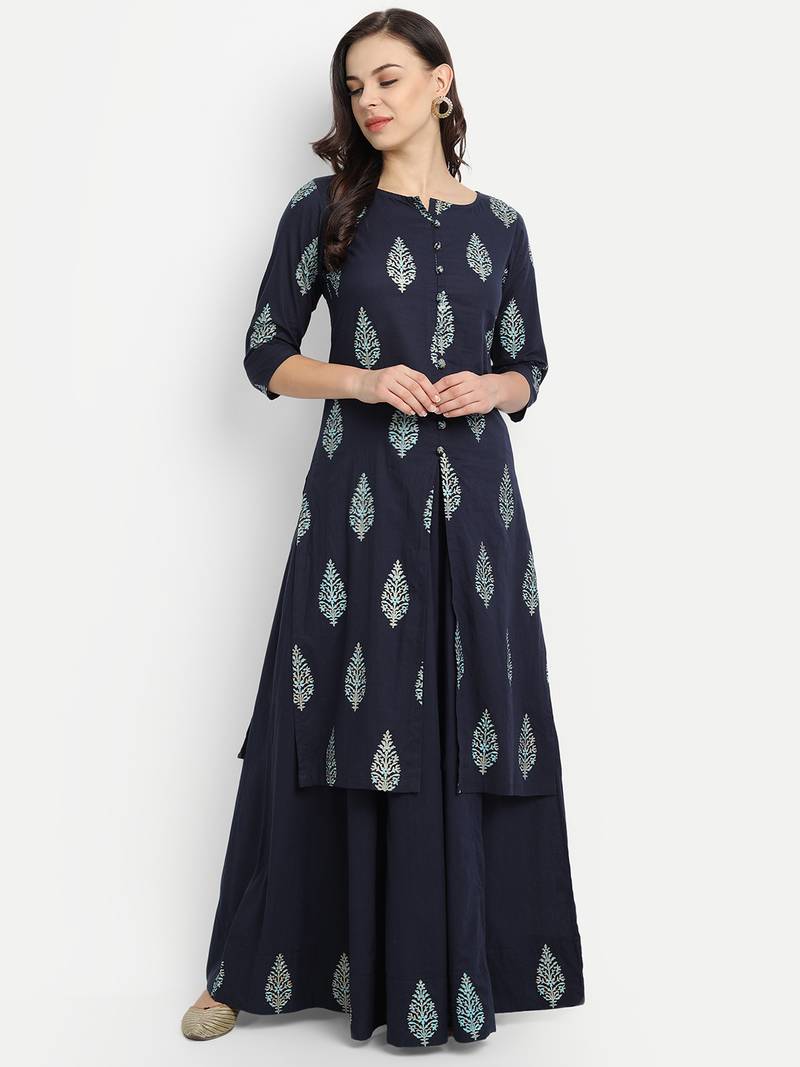 Navy Blue Printed Kurta Set