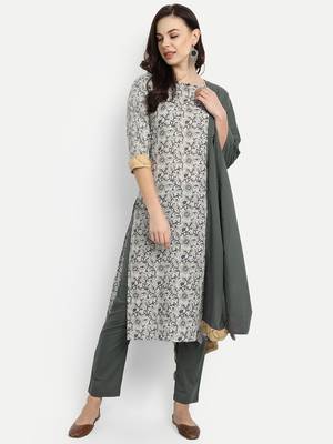 Light Grey Printed Kurta With Grey Solid Dupatta & Pants 1