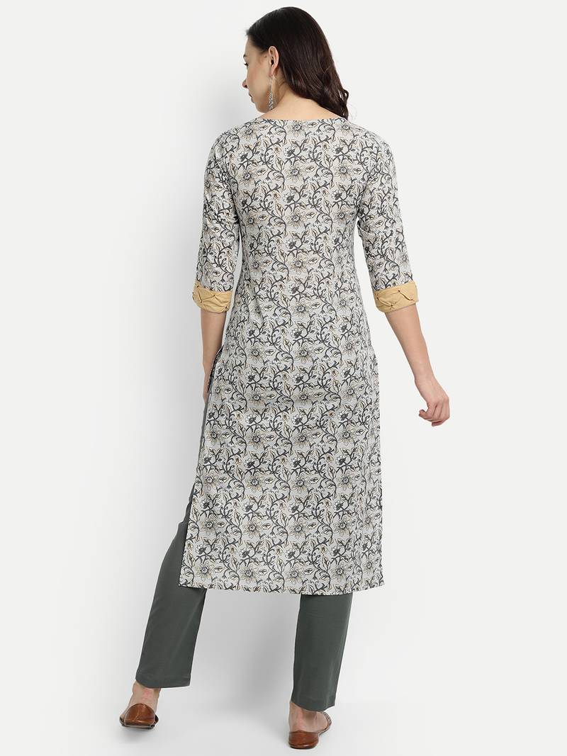 Light Grey Printed Kurta With Grey Solid Dupatta & Pants
