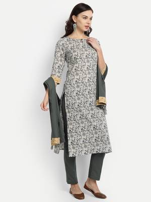Light Grey Printed Kurta With Grey Solid Dupatta & Pants 3