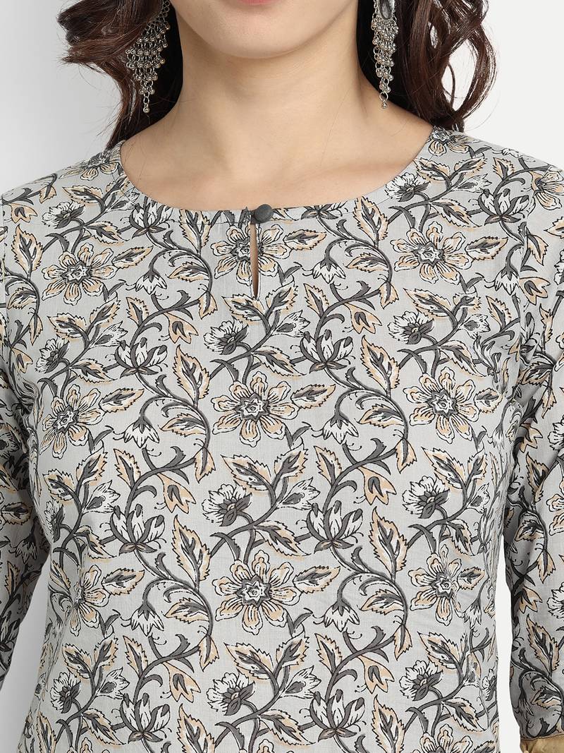 Light Grey Printed Kurta With Grey Solid Dupatta & Pants