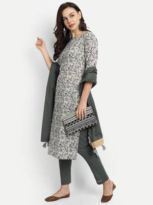 Light Grey Printed Kurta With Grey Solid Dupatta & Pants 7