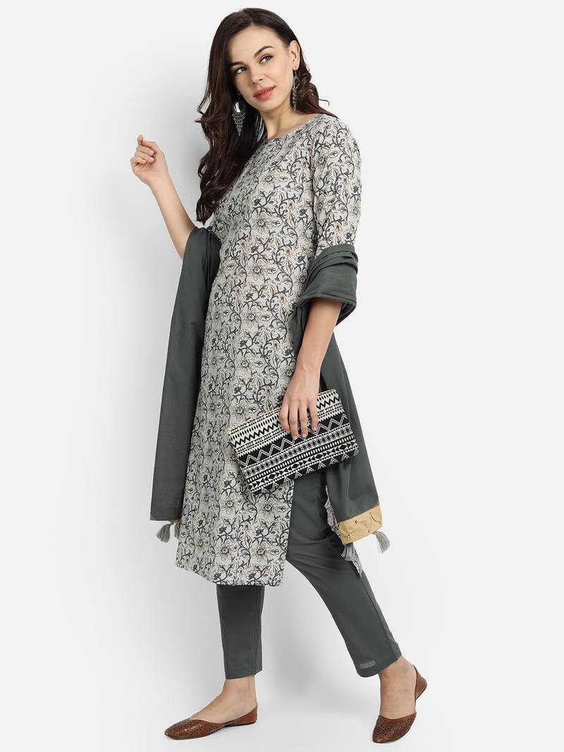 Light Grey Printed Kurta With Grey Solid Dupatta & Pants