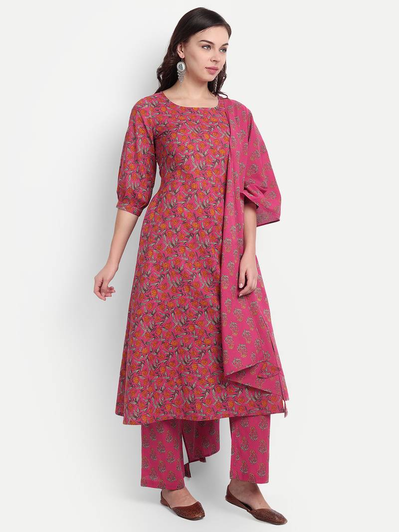 Pink Printed Kurta Set With Dupatta