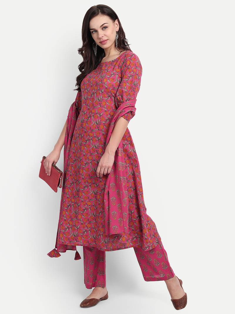 Pink Printed Kurta Set With Dupatta