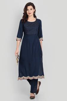 Casual Navy Blue Solid Kurta Set