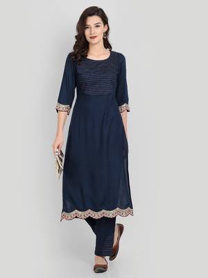 Casual Navy Blue Solid Kurta Set 1